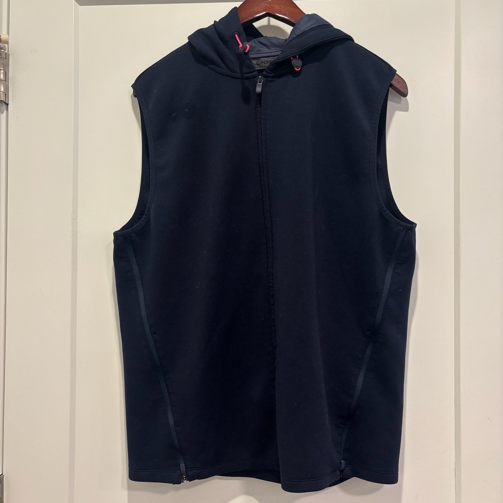G/FORE Mens XL Navy Blue Sleeveless Full Zip Hoodie Golf Vest Pink Drawstring